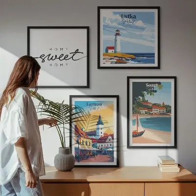 Set posters met lijst met Poolse steden Ustka, Tarnów en Sopot