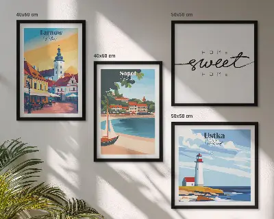 Set posters met lijst met Poolse steden Ustka, Tarnów en Sopot