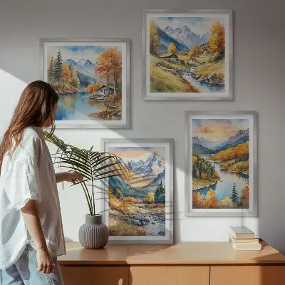 Berglandschap met een rivier meerluik in lijst