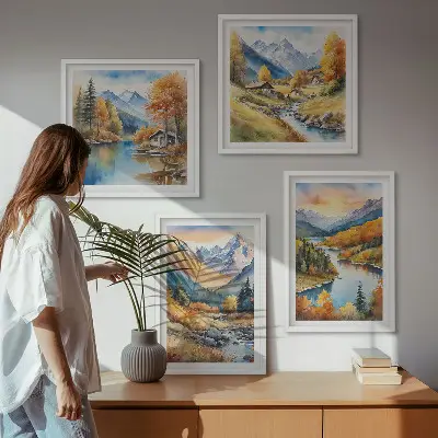 Berglandschap met een rivier meerluik in lijst