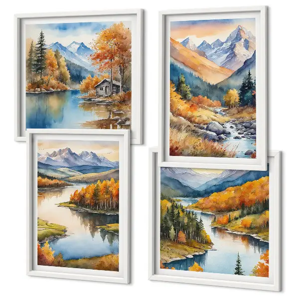 Set van posters met lijst met uitzicht op de bergen, de rivier en de herfst