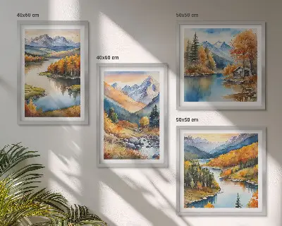 Set van posters met lijst met uitzicht op de bergen, de rivier en de herfst