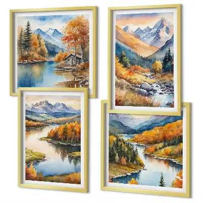 Set van posters met lijst met uitzicht op de bergen, de rivier en de herfst