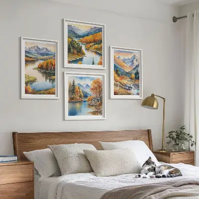 Set van posters met lijst met uitzicht op de bergen, de rivier en de herfst
