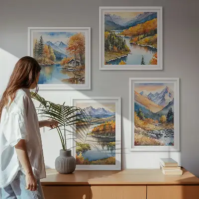 Set van posters met lijst met uitzicht op de bergen, de rivier en de herfst