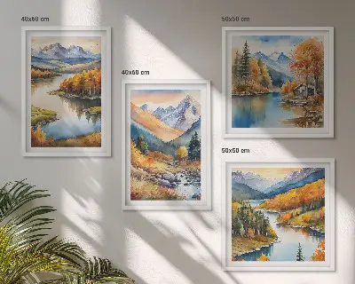 Set van posters met lijst met uitzicht op de bergen, de rivier en de herfst