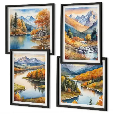 Set van posters met lijst met uitzicht op de bergen, de rivier en de herfst