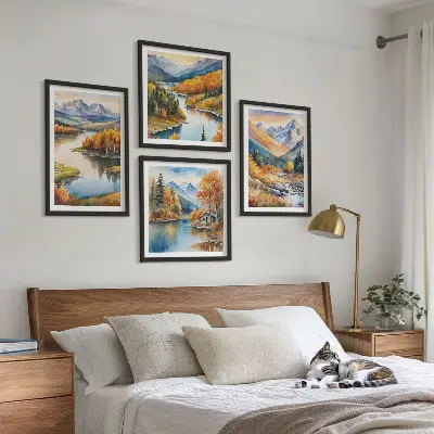 Set van posters met lijst met uitzicht op de bergen, de rivier en de herfst