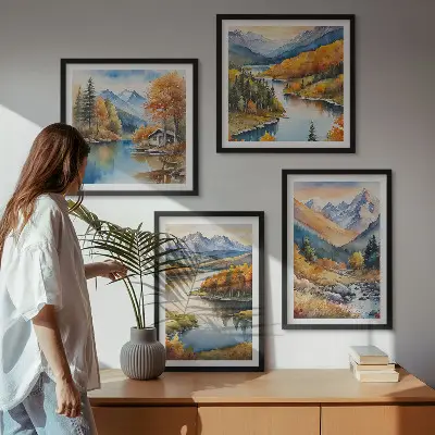 Set van posters met lijst met uitzicht op de bergen, de rivier en de herfst
