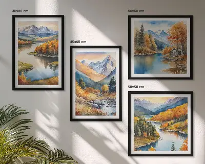 Set van posters met lijst met uitzicht op de bergen, de rivier en de herfst