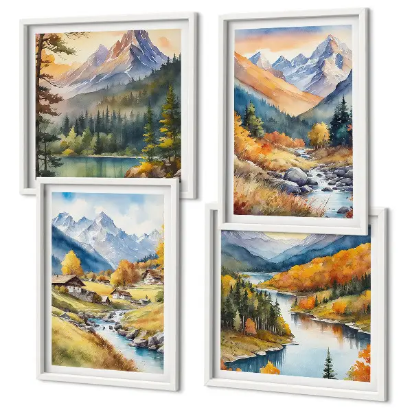 Berglandschap met rivier en huisjes meerluik in lijst