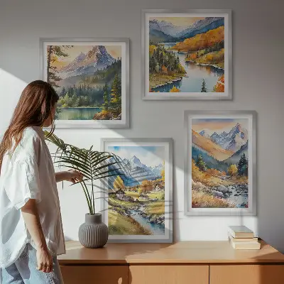 Berglandschap met rivier en huisjes meerluik in lijst