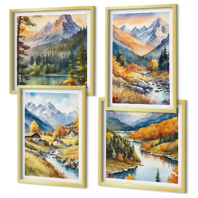 Berglandschap met rivier en huisjes meerluik in lijst