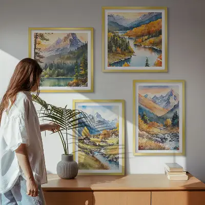 Berglandschap met rivier en huisjes meerluik in lijst