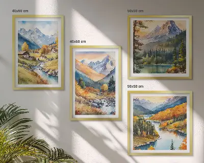 Berglandschap met rivier en huisjes meerluik in lijst