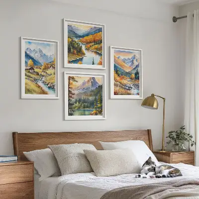 Berglandschap met rivier en huisjes meerluik in lijst
