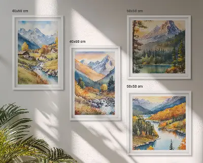 Berglandschap met rivier en huisjes meerluik in lijst