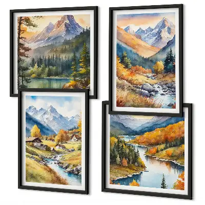 Berglandschap met rivier en huisjes meerluik in lijst