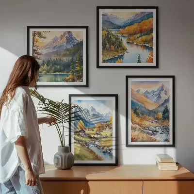 Berglandschap met rivier en huisjes meerluik in lijst