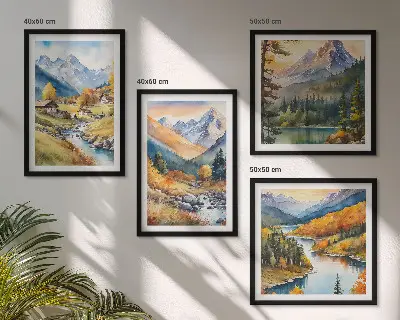 Berglandschap met rivier en huisjes meerluik in lijst