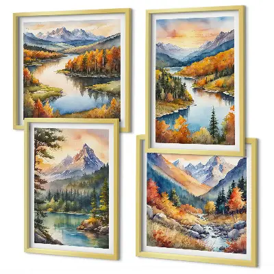 Set van posters met lijst Berglandschappen met een rivier