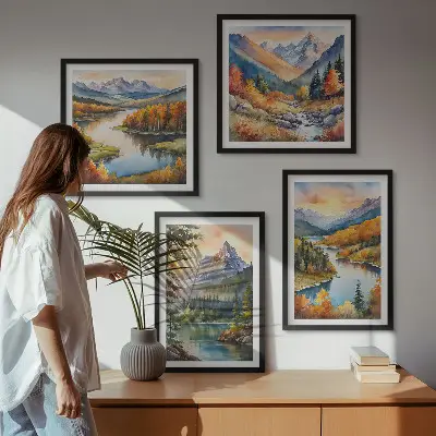 Set van posters met lijst Berglandschappen met een rivier