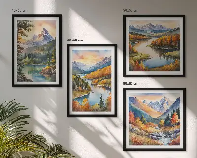 Set van posters met lijst Berglandschappen met een rivier