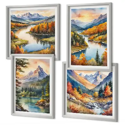 Set van posters met lijst Berglandschappen met een rivier
