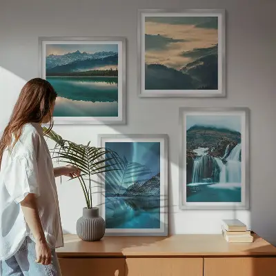 Meerluik in lijst met winterlandschappen, watervallen en noorderlicht