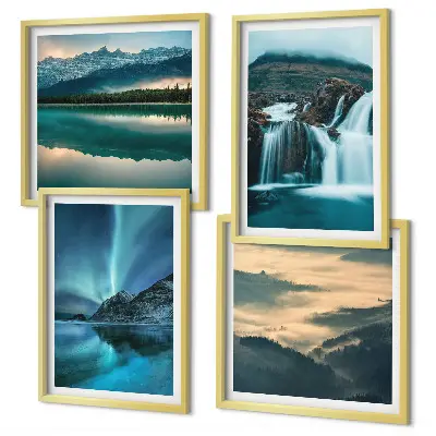 Meerluik in lijst met winterlandschappen, watervallen en noorderlicht