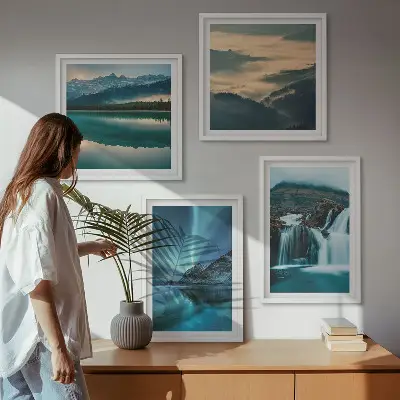 Meerluik in lijst met winterlandschappen, watervallen en noorderlicht