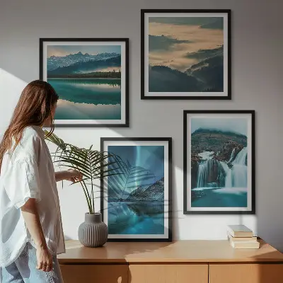 Meerluik in lijst met winterlandschappen, watervallen en noorderlicht
