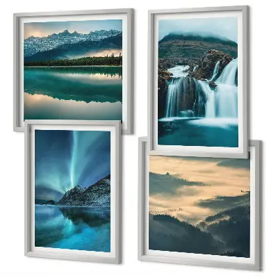 Meerluik in lijst met winterlandschappen, watervallen en noorderlicht