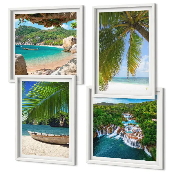 Posterset met lijst met afbeeldingen van strand, boot, watervallen en palmbomen