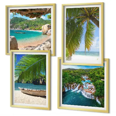 Posterset met lijst met afbeeldingen van strand, boot, watervallen en palmbomen