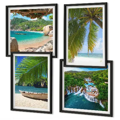 Posterset met lijst met afbeeldingen van strand, boot, watervallen en palmbomen