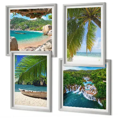 Posterset met lijst met afbeeldingen van strand, boot, watervallen en palmbomen
