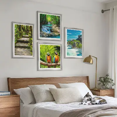 Papegaaienwaterval in tropisch bos set van posters met lijst