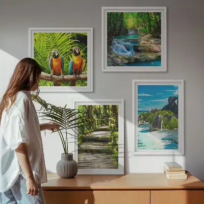 Papegaaienwaterval in tropisch bos set van posters met lijst