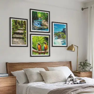 Papegaaienwaterval in tropisch bos set van posters met lijst