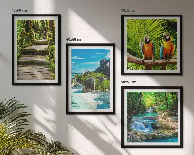 Papegaaienwaterval in tropisch bos set van posters met lijst