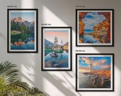 Bergmeren die de rotsen weerspiegelen meerluik in lijst