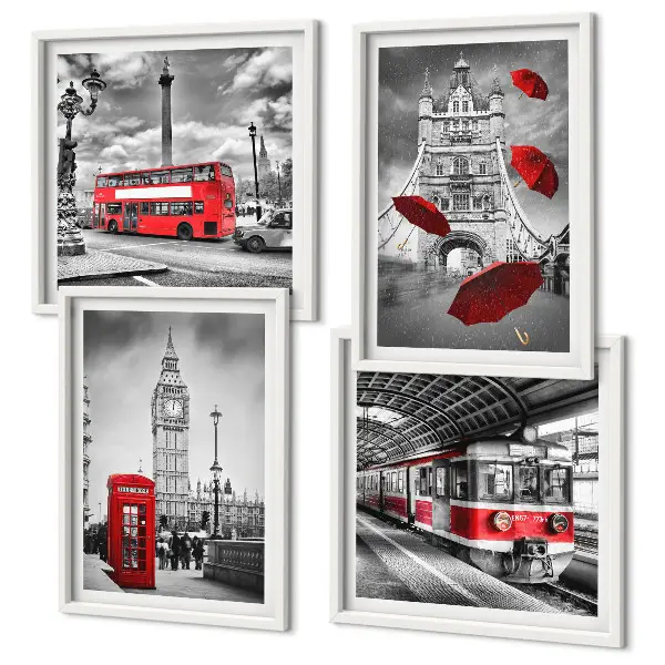Set posters met lijst met rode accenten van Londen
