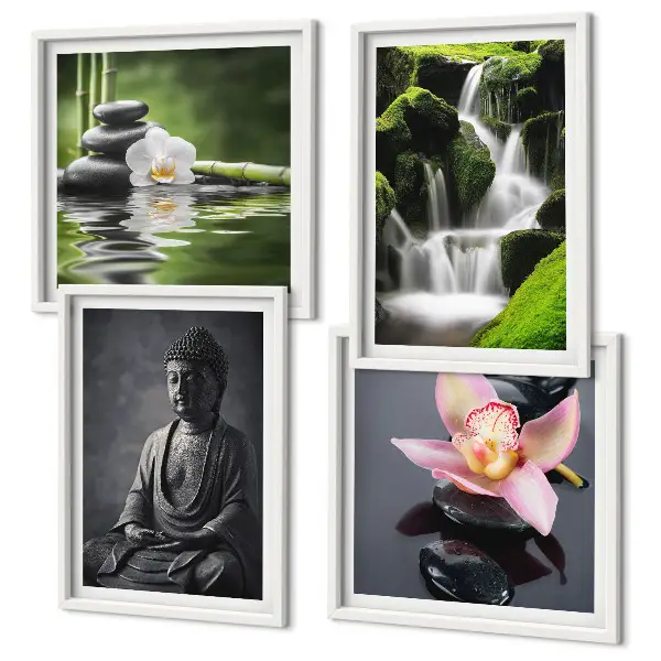 Set posters met lijst met ZEN-schilderijen van waterstenen en een Boeddha