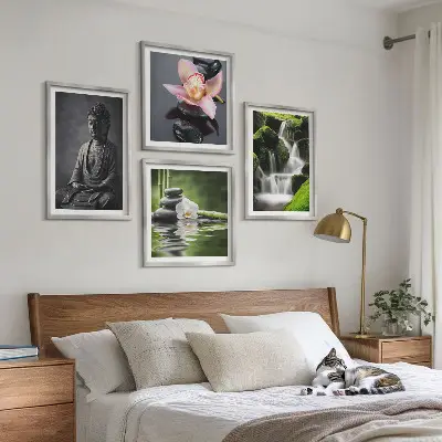 Set posters met lijst met ZEN-schilderijen van waterstenen en een Boeddha