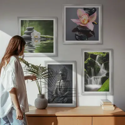 Set posters met lijst met ZEN-schilderijen van waterstenen en een Boeddha