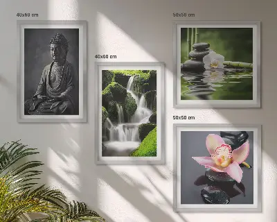 Set posters met lijst met ZEN-schilderijen van waterstenen en een Boeddha