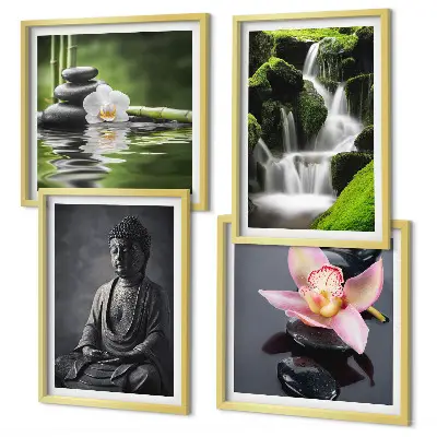 Set posters met lijst met ZEN-schilderijen van waterstenen en een Boeddha