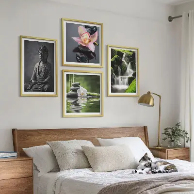 Set posters met lijst met ZEN-schilderijen van waterstenen en een Boeddha