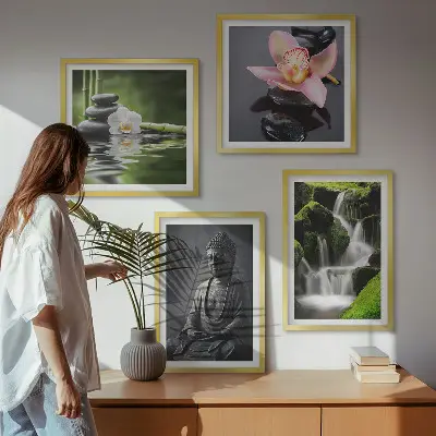 Set posters met lijst met ZEN-schilderijen van waterstenen en een Boeddha